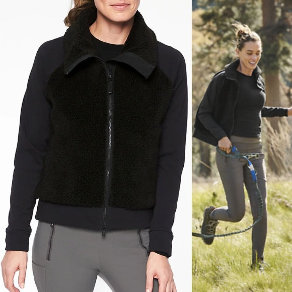 Athleta Range Sherpa Full Zip Jacket Black Teddy Fleece Sweatshirt M Athleisure